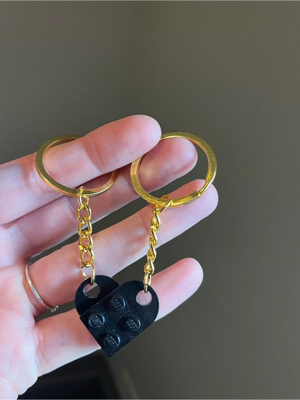 Lego Black Heart Brick Keychain Set with Gold Hardware - Handmade